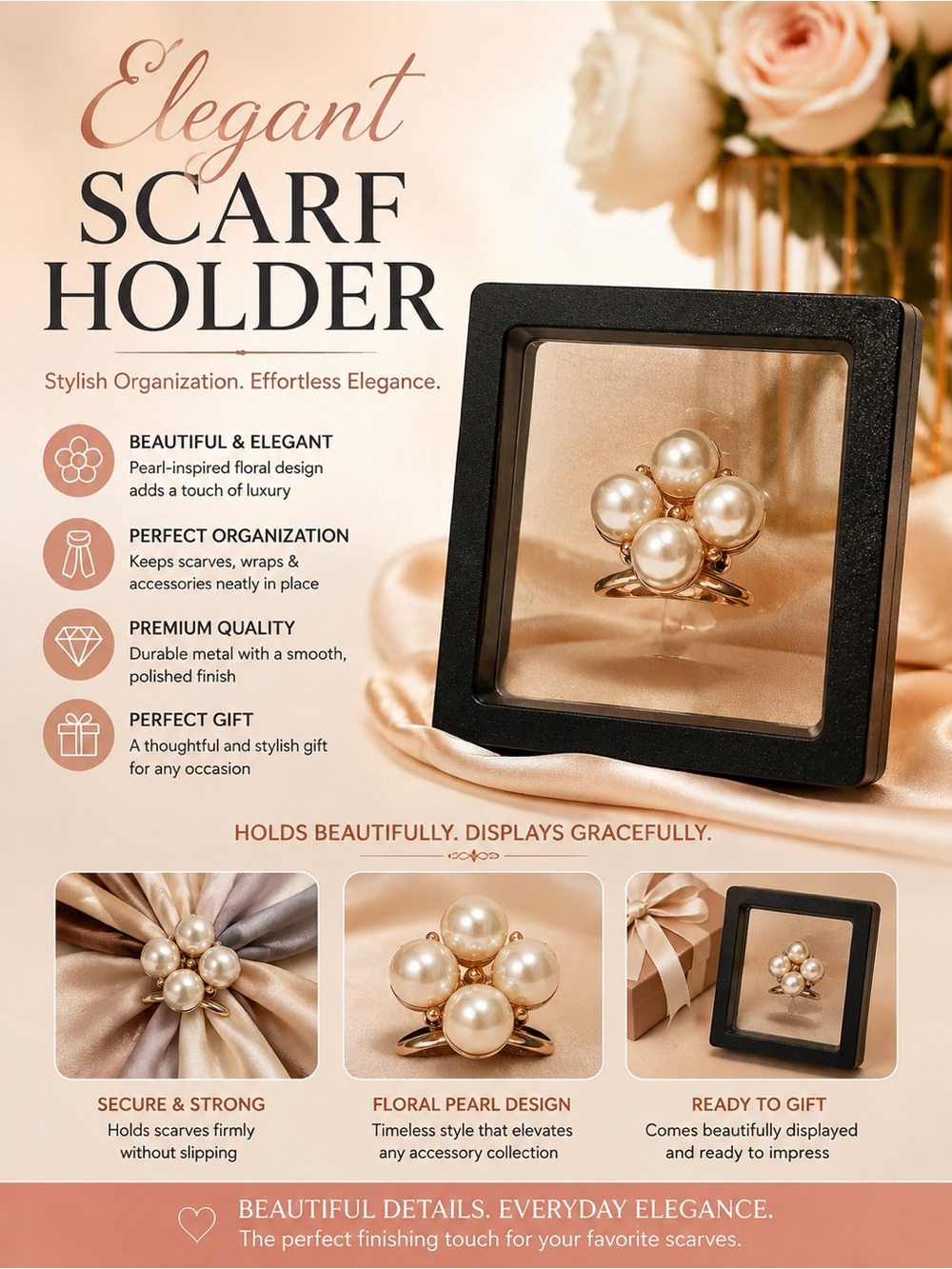 Elegant Pearl Floral Scarf Holder - Gold and Ivory